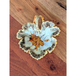 60s Vintage 1964 Leaf Trinket Dish/ Ashtray Amber Brown White Colors Handle MCM